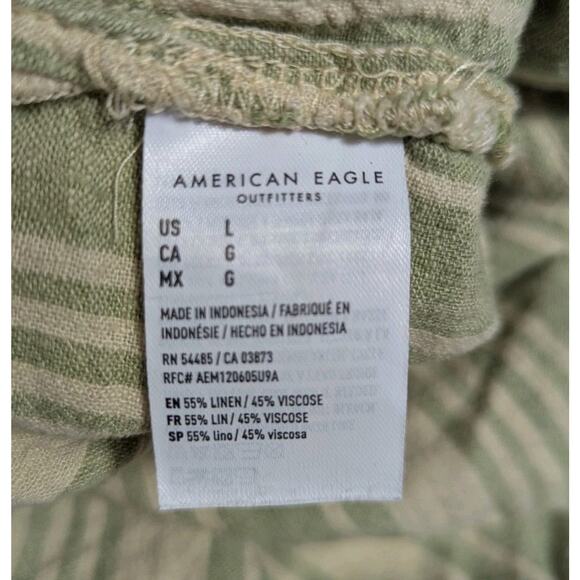 American Eagle Sz L Green Striped Boyfriend Button Shirt Top Boxy Linen Roll Tab - Picture 6 of 7